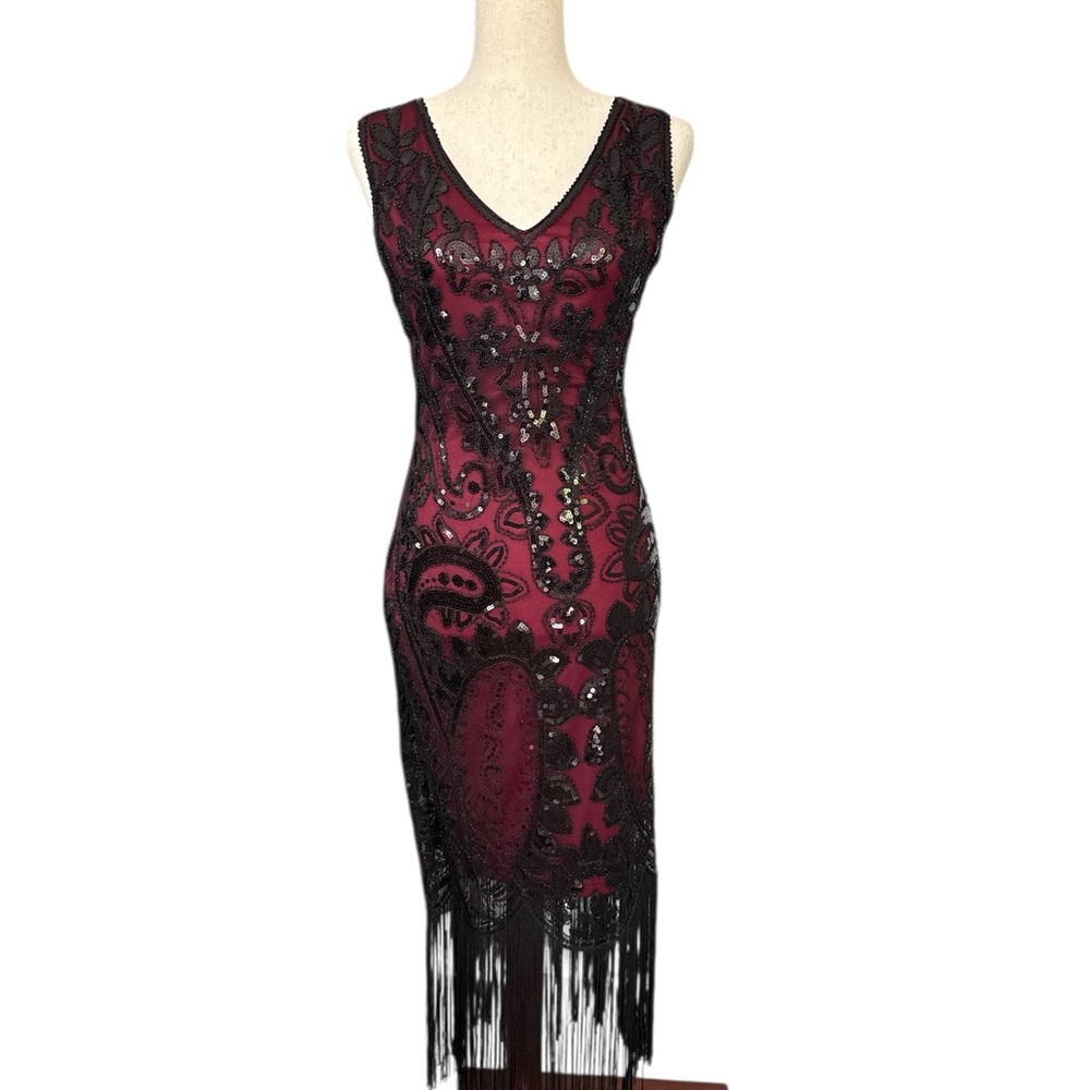 Flapper Dress Paisley Sequin Beaded Fringed 1020’s Style Dress Art Deco Vintage